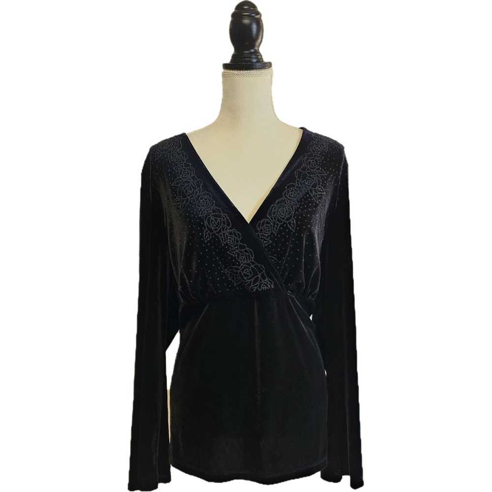 Vintage Y2K Lane Bryant Black Velvet Babydoll Beaded Top Size 14/16 Whimsigoth